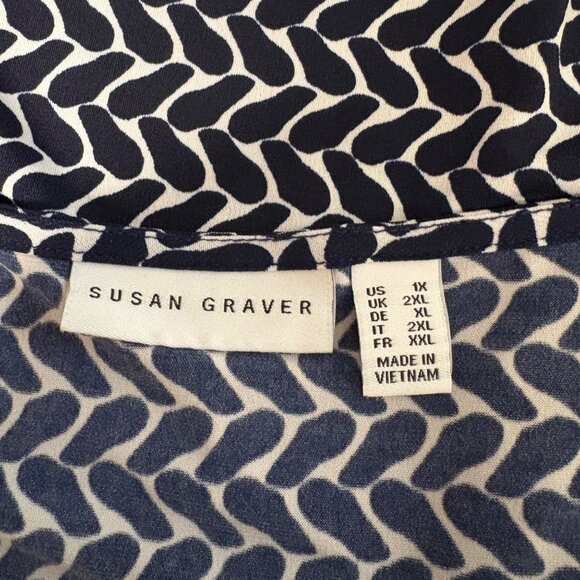 Susan Graver Sleeveless Navy White Patterned V-Neck Top Womens Size 1X Stretchy - Picture 5 of 8